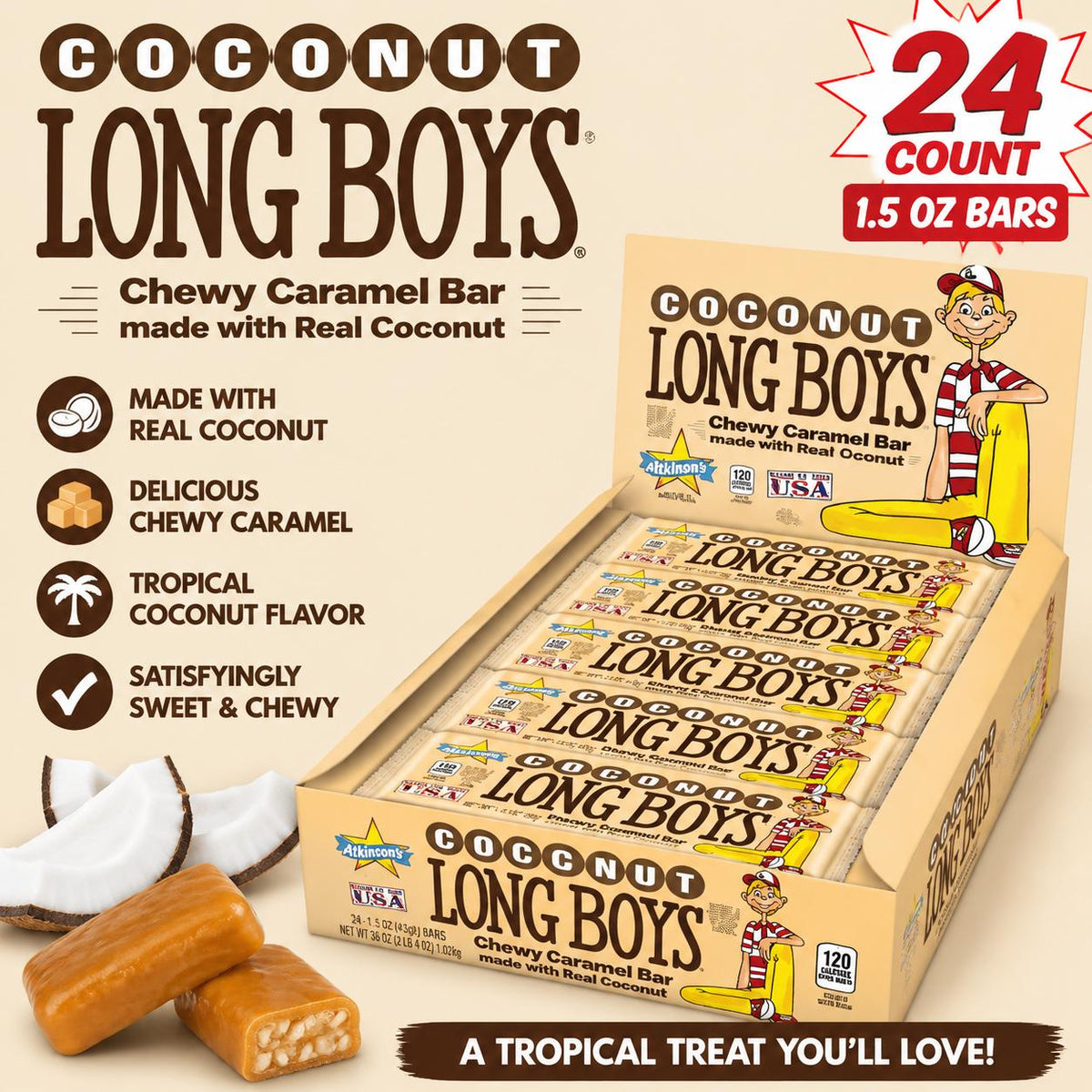 Atkinson's Long Boys Coconut Candy Bars - 1.5 oz, 24 Count Individually Wrapped Retro Chewy Candies, Sweet Snack Treats