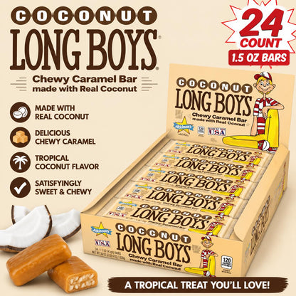 Atkinson's Long Boys Coconut Candy Bars - 1.5 oz, 24 Count Individually Wrapped Retro Chewy Candies, Sweet Snack Treats