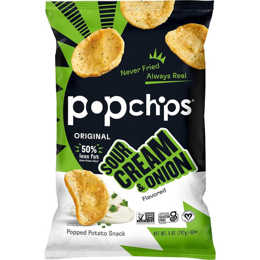 Popchips Popped Potato Chips - Sour Cream & Onion Flavor, 5oz Bags, 12 Count Ambient Temp Storage Snack Food