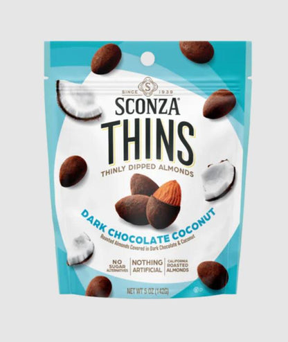 Sconza Thins Dark Chocolate Coconut Almond Snack 5 oz 6 Count Peg Bag Premium Chocolate Candy