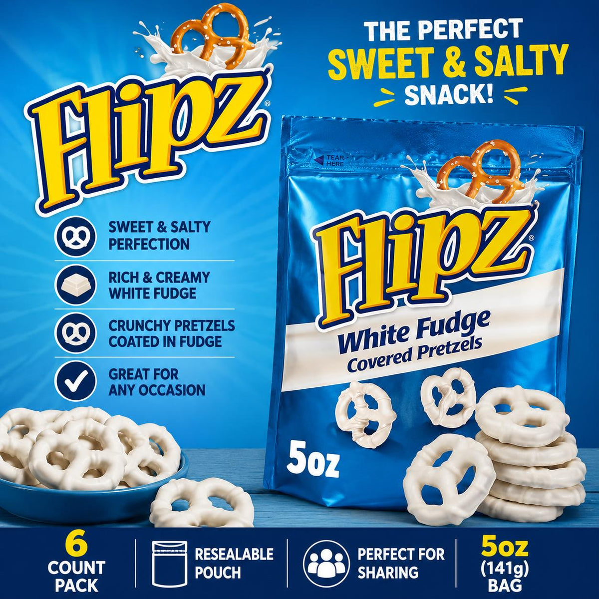 Flipz Fudge Coated Pretzels - Biscuit Base, 5 oz, 6 Count, Sweet & Salty Crunchy Snacks, Room Temperature Safe
