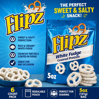 Flipz Fudge Coated Pretzels - Biscuit Base, 5 oz, 6 Count, Sweet & Salty Crunchy Snacks, Room Temperature Safe