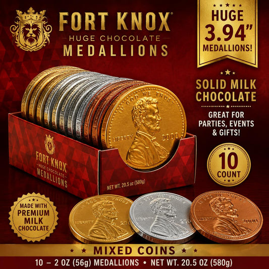 Fort Knox Giant Chocolate Coins Candy, 3.94 in Huge Medallion Mixed Coins, 2 oz, 10 Count Snacks