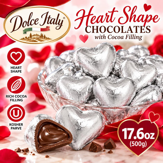 Dolce Italy Foil Wrapped Heart Shaped Chocolate with Cocoa Filling 17.6 oz Kosher Parve Chocolate Candy