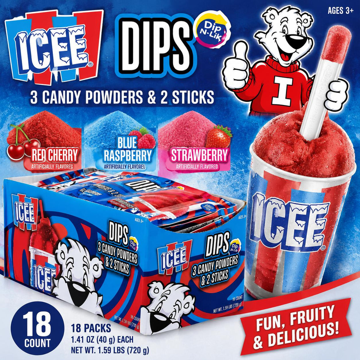 Icee Dips Powder & Stick Packets - 1.41oz, 18 Packs, 3 Fruity Flavors, Sweet & Sour Candy Snacks, Ambient Storage