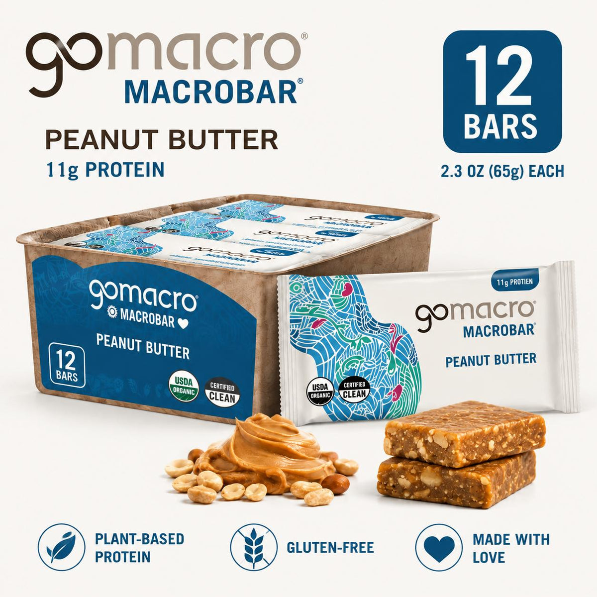 GoMacro Certified Organic Plant-Based Protein Focus Bar - Peanut Butter Flavor, 2.3 oz, 12 Bars Box Pack, Vegan Gluten-Free Snack, 2.3Oz