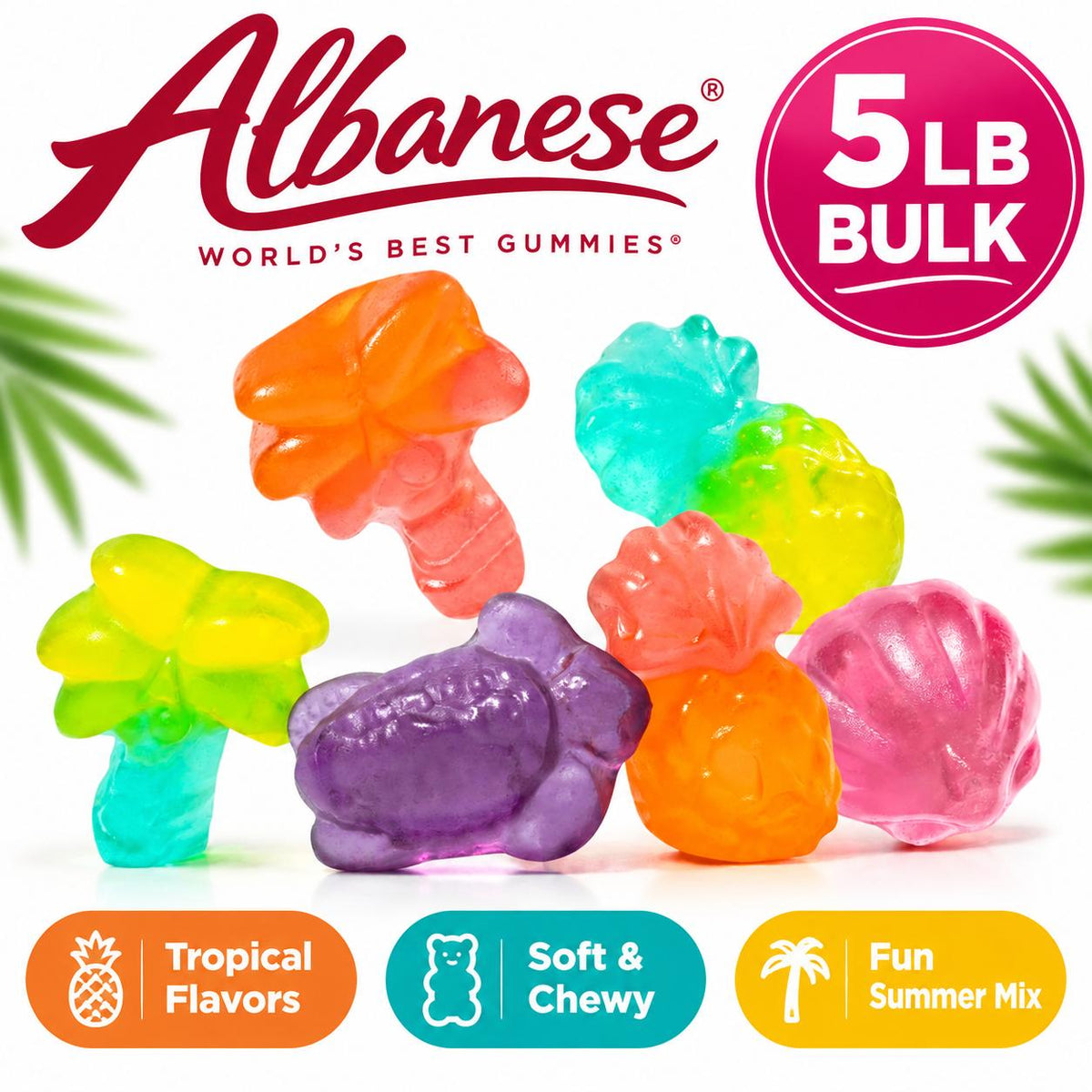 Albanese Tropical Summer On Vacay Soft Gummy Mix, 5 lb Large Pack Assorted Fruity Candies, Made with Sugar Delicious Snacks