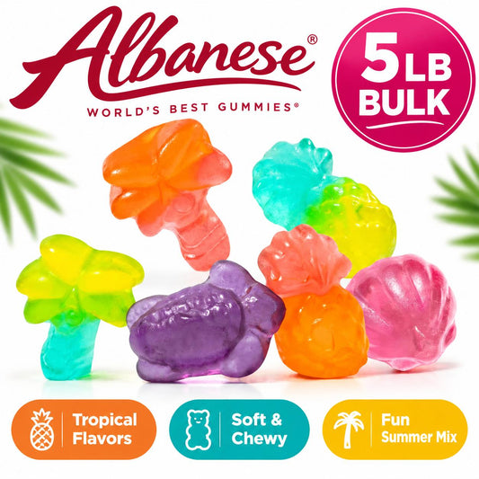 Albanese Tropical Summer On Vacay Soft Gummy Mix, 5 lb Large Pack Assorted Fruity Candies, Made with Sugar Delicious Snacks