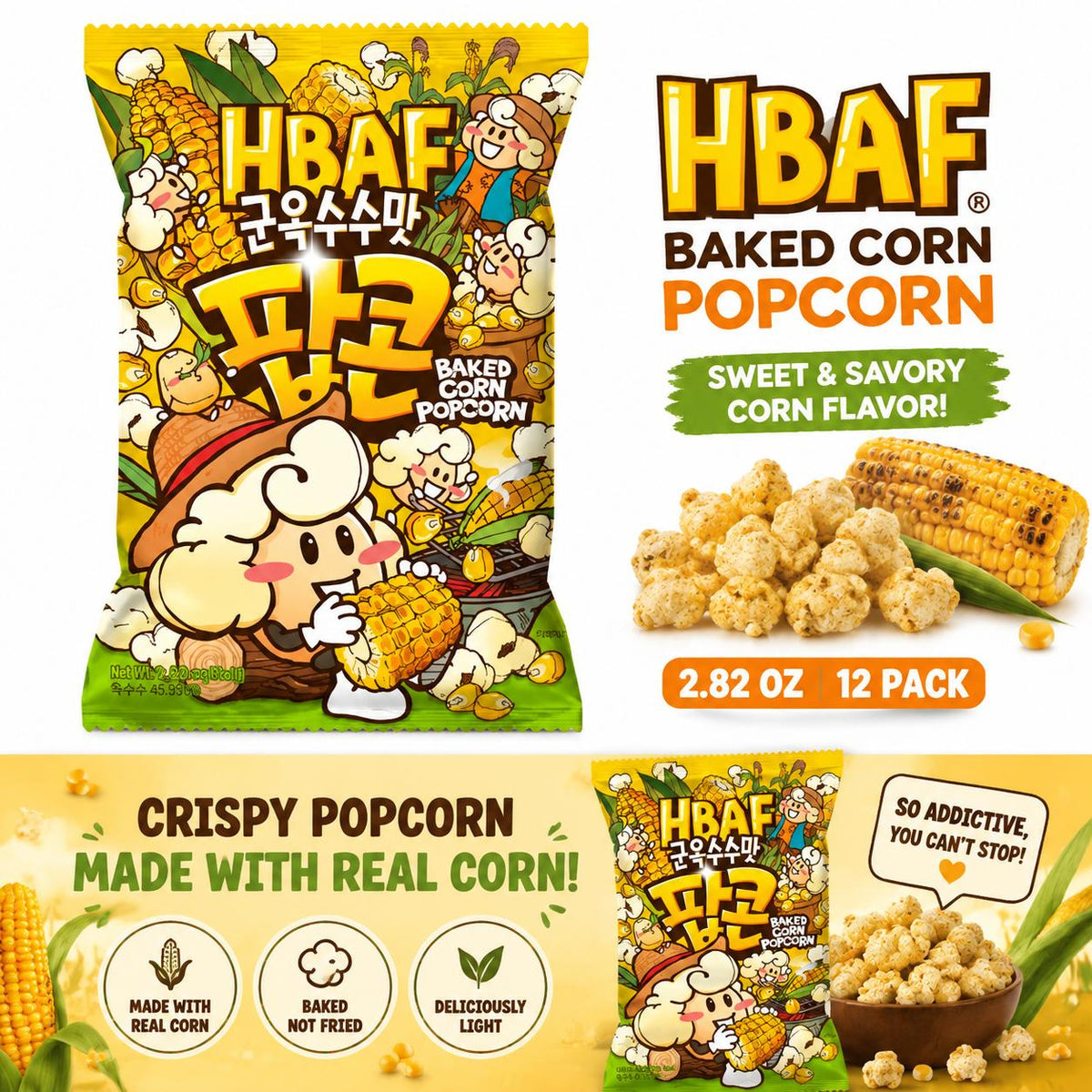 Global TastemakerHBAF Korean Imported Corn-Based Crispy Popcorn Snack, 2.82 oz, 12 bags