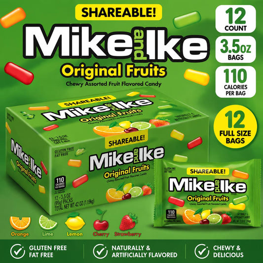 Mike & Ike Original Fruits Chewy Candy, 3.5oz Bags (12 Count) - Assorted Fruit Flavors, Share-Size Packs for Parties, Snacking