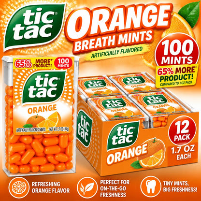 Tic Tac Orange Sugar Breath Mints, 1.7 oz, 12-Pack, Pocket-Size Fresh Breath Candy for Everyday Use