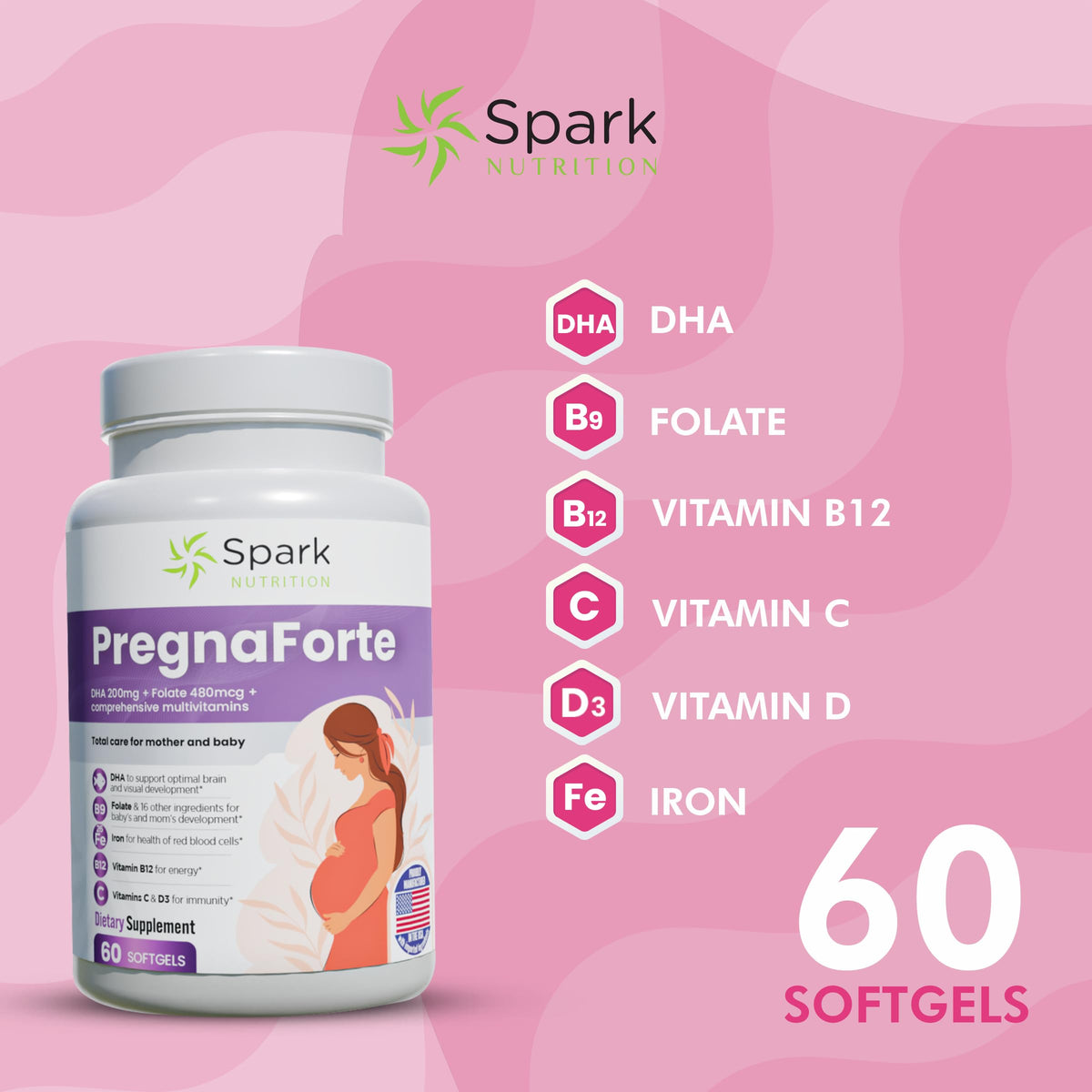 Spark Nutrition Pregnaforte Formula Wellness Supplement - 60-Day Supply Capsules