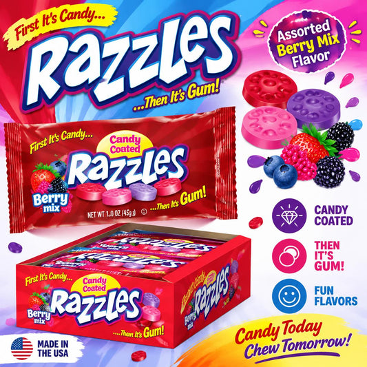 Razzles Assorted Berry Mix Sugar-Based Chewy Sweet Candy-Gum, 1.6oz, 24 Pieces - Retro Fruity Treats for Parties & Snacking (Turns Into Gum)