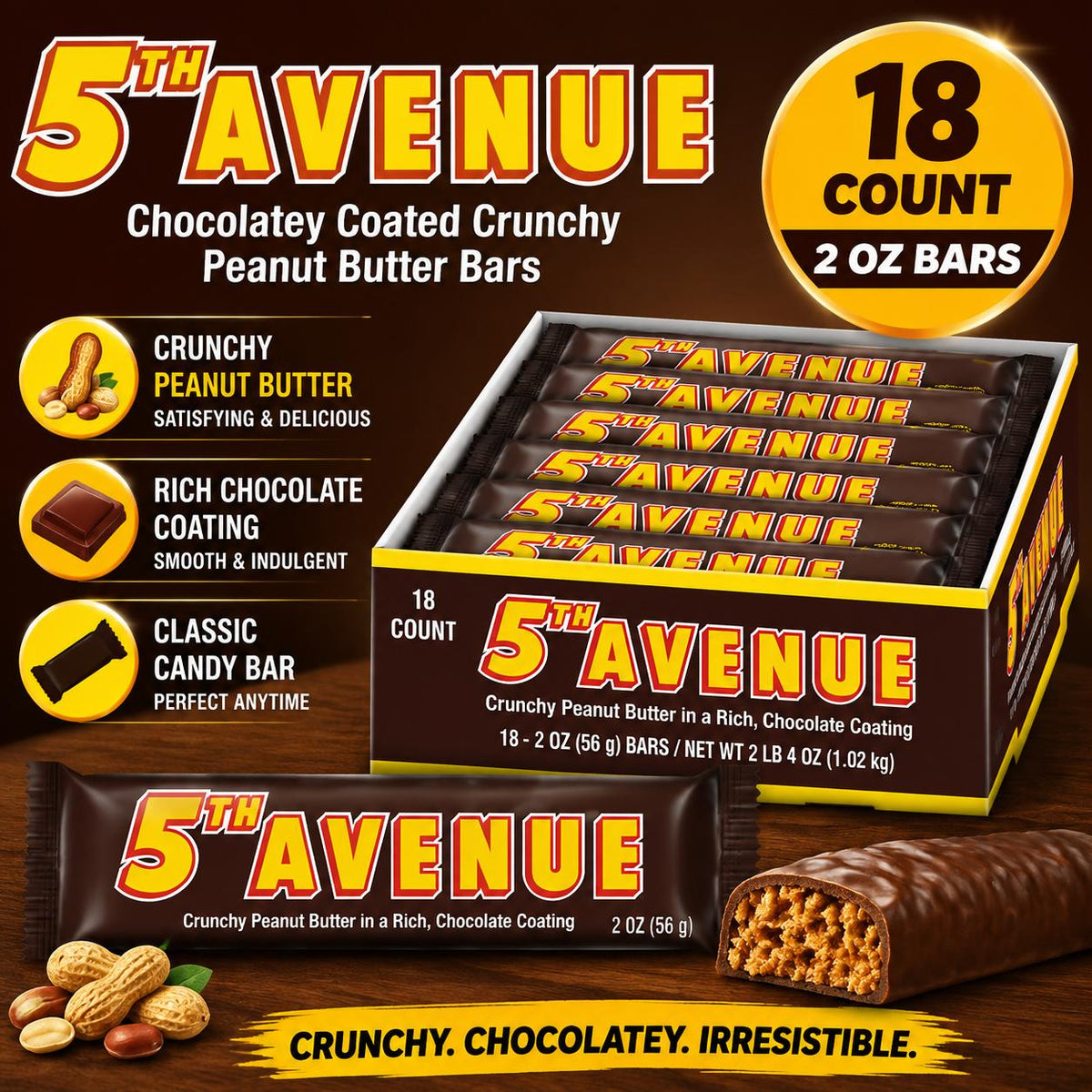 5th Avenue Peanut Choc Bars - Chocolatey Coated, Crunchy Peanut Butter, 2 oz, 18 Bars Snack Treats
