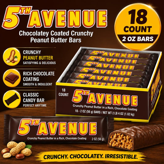 5th Avenue Peanut Choc Bars - Chocolatey Coated, Crunchy Peanut Butter, 2 oz, 18 Bars Snack Treats
