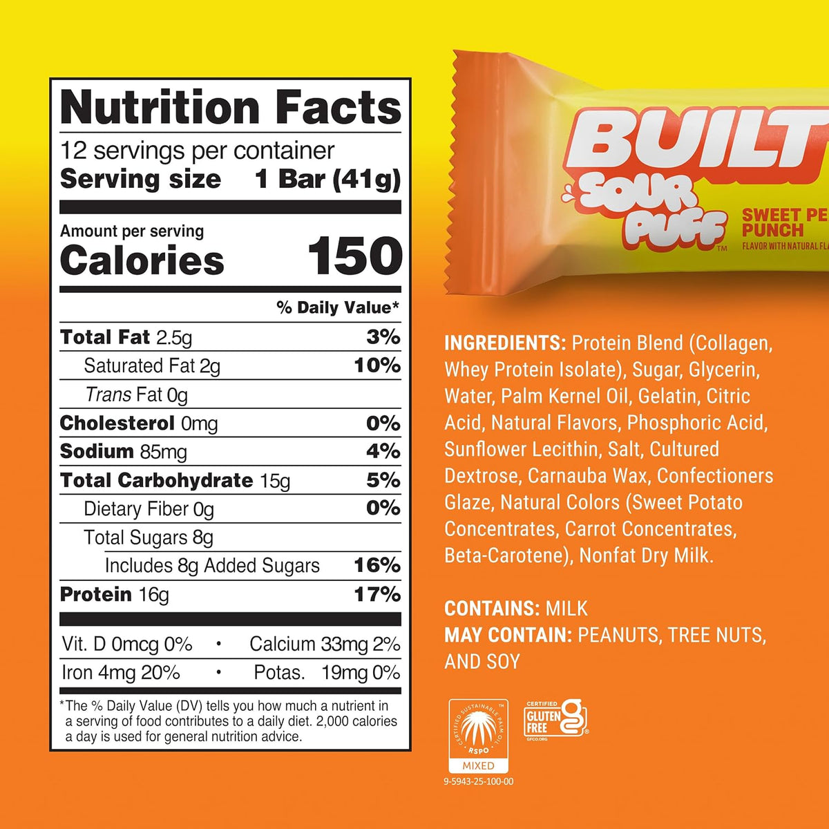 BUILT Sour Puff Protein Bars - Sweet Peach Punch Flavor, Fruity, Soft, Tangy, 1.41oz, 12-Count Boxed Snacks