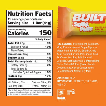 BUILT Sour Puff Protein Bars - Sweet Peach Punch Flavor, Fruity, Soft, Tangy, 1.41oz, 12-Count Boxed Snacks