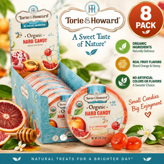 Torie and Howard Blood Orange Honey Hard Candy Tin Pack, 2 oz, 8 Pieces Premium Fruit Candy