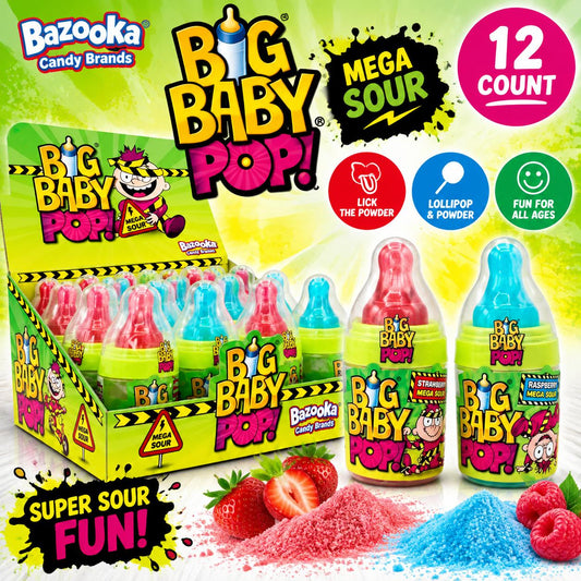 Bazooka UK Import Big Baby Pop Bottle Lollipop Powder, Mega Sour Novelty Candy, 32g, 12 pcs