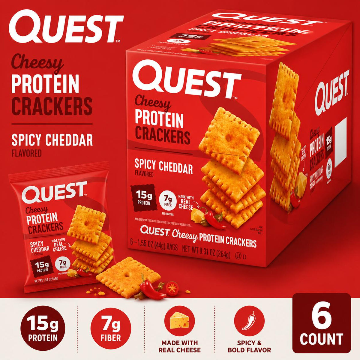 Quest Protein Cheesy Crackers - Spicy Cheddar Flavor, 1.59 oz, 6 Count, Crunchy Savory High Protein Real Cheese Leisure Food and Snacks