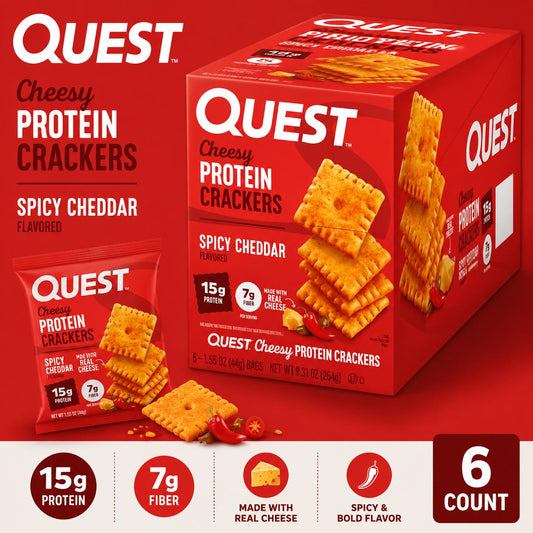 Quest Protein Cheesy Crackers - Spicy Cheddar Flavor, 1.59 oz, 6 Count, Crunchy Savory High Protein Real Cheese Leisure Food and Snacks