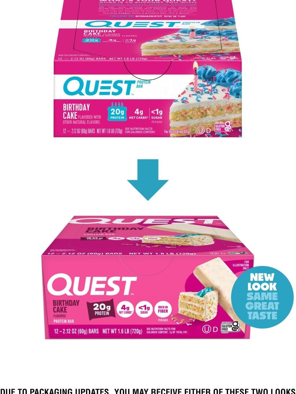 Quest Protein Bar - Sweet Birthday Cake Flavor, Contains Chocolate, 2.12 oz Each, 12-Count Box, High Protein Dessert-Inspired Snack Bars