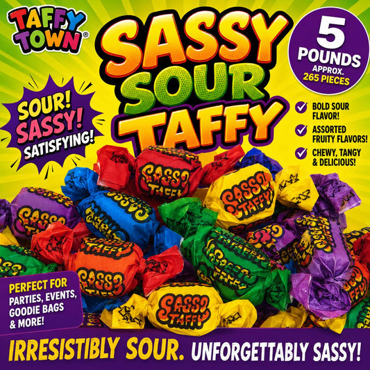 Taffy Town Sassy Sour Assorted Salt Water Taffy 5 lb Bag  Soft & Chewy Sour Candy | Gourmet Bulk Taffy for Parties & Candy Buffets
