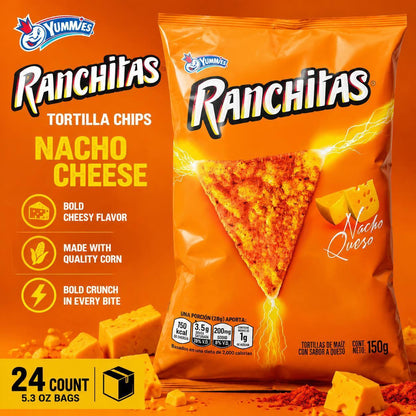 Yummies Ranchitas Nacho Cheese Tortilla Chips, 5.3oz Crispy Savory Flavor Snack Bags, 24 Count Crunchy Snack Chips