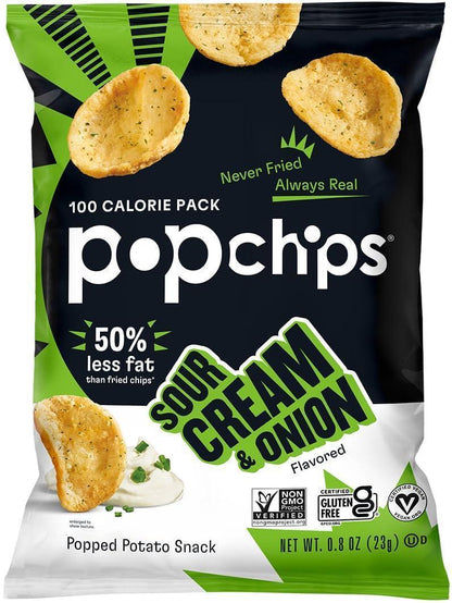 Popchips Popped Potato Chips, Savory Sour Cream and Onion Flavor, 0.8 oz Snack Bags (24 Count), Light & Crunchy Ambient Temp Snacks