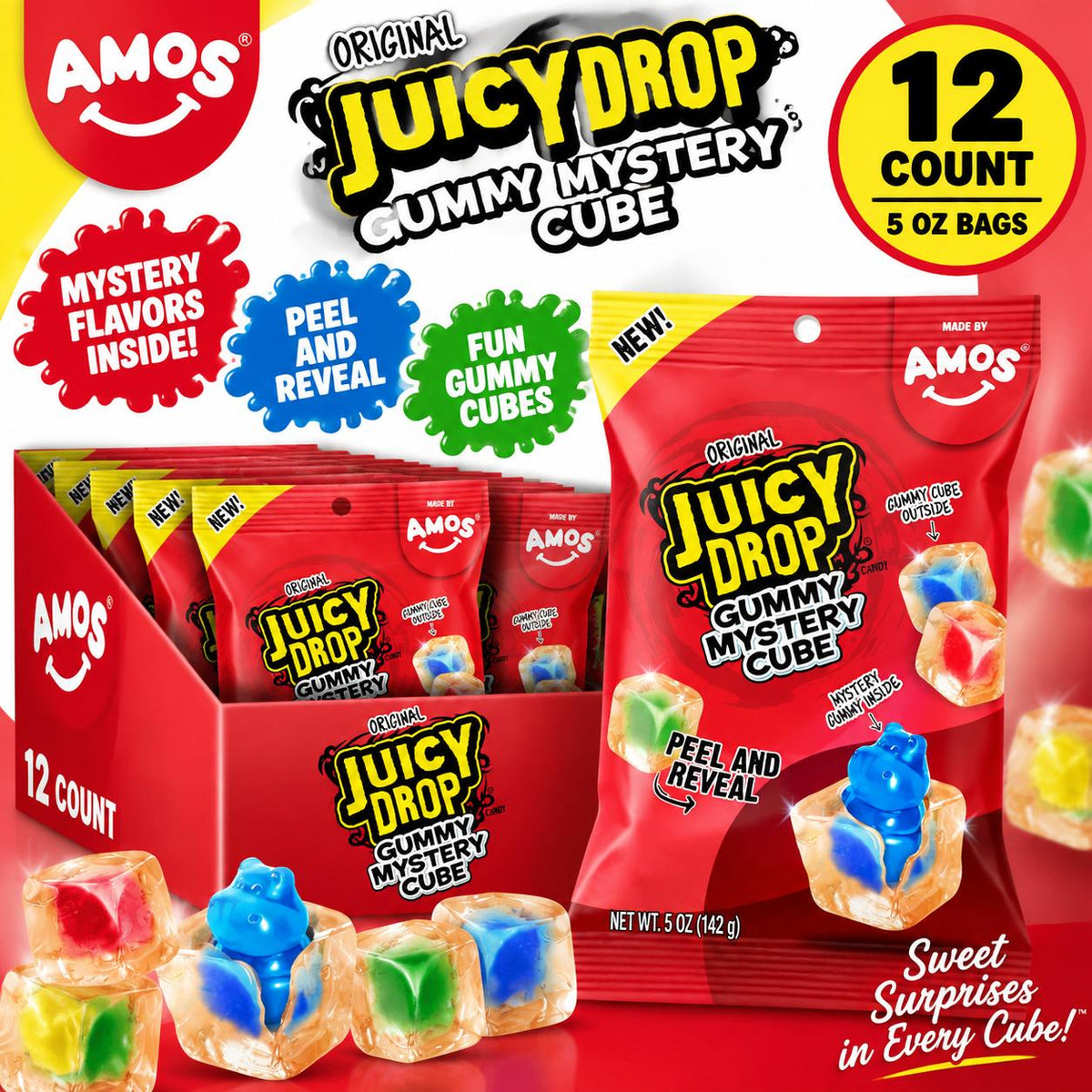 Amos Juicy Drop Mystery Gummy Cubes Original 5 oz 12 Count Sour Gummy Candy