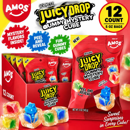 Amos Juicy Drop Mystery Gummy Cubes Original 5 oz 12 Count Sour Gummy Candy