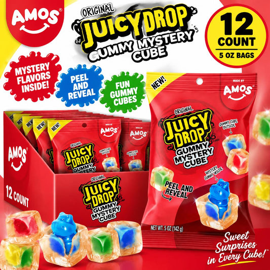Amos Juicy Drop Mystery Gummy Cubes Original 5 oz 12 Count Sour Gummy Candy