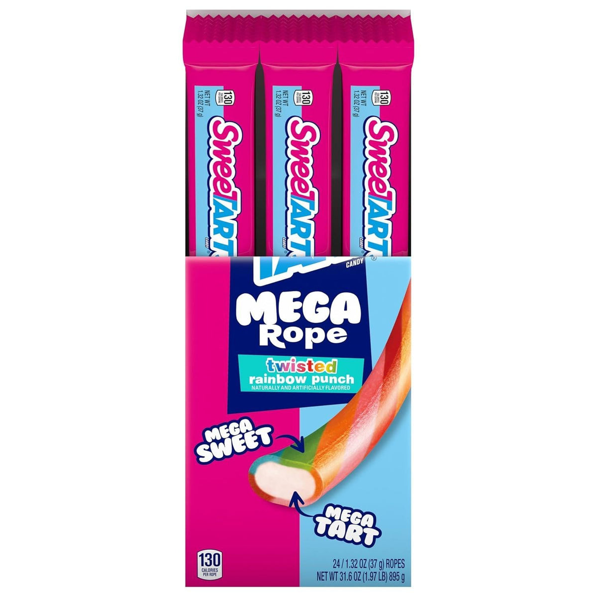 SweeTARTS Mega Ropes Twisted Rainbow Punch Soft Tangy Fruity Chewy Candies, 1.32oz, 24-Count Snack Pack