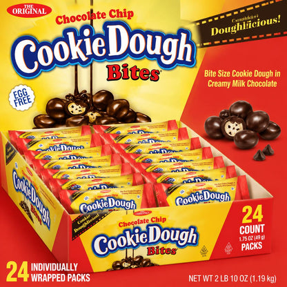 Edible Chocolate Chip Cookie Dough Bites, Soft Sweet Candies, 1.75oz Each, 24-Count Tray Snack