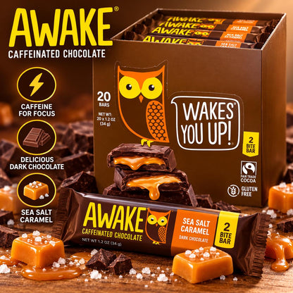 Awake Caffeinated Dark Chocolate Bar Sea Salt Caramel 1.2 oz 20 Count Chocolate Snack Bars