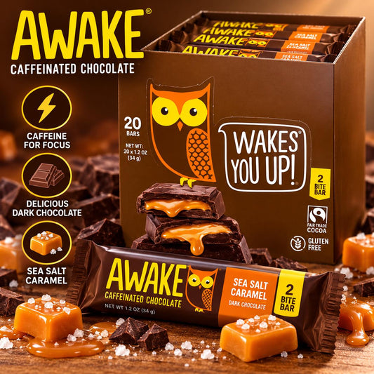 Awake Caffeinated Dark Chocolate Bar Sea Salt Caramel 1.2 oz 20 Count Chocolate Snack Bars
