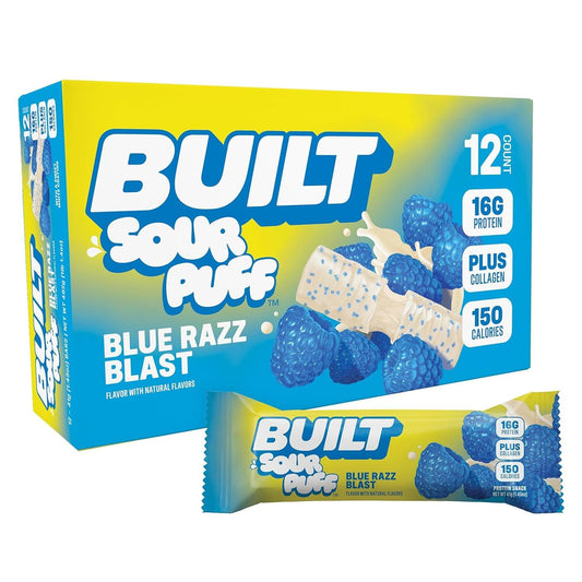 BUILT Sour Puff Protein Bar - Blue Razz Blast Flavor, 1.41oz, 12 Count Boxed Set (12 bars)
