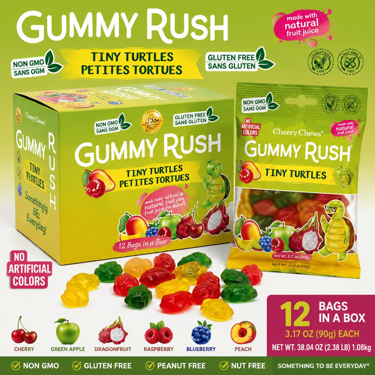 INFIN8 Gummy Rush Tiny Turtles Gummy Candy 3.17 oz 12 Count Fruity Chewy Gummy Snacks