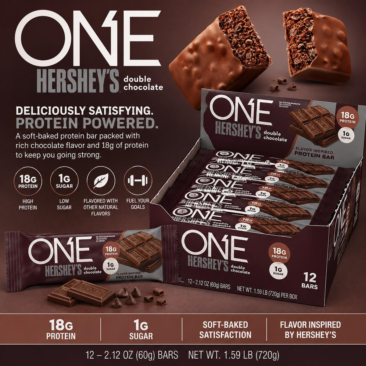 ONE Protein Bars Hersheys Double Chocolate 2.12 oz 12 Count High Protein Chocolate Snack Bars