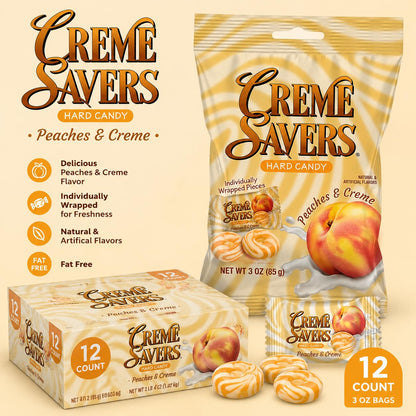 Creme Savers Peaches and Cream Hard Candy Snacks, 3 oz Individual Ambient Storage Peg Bags, 12-Count Pack