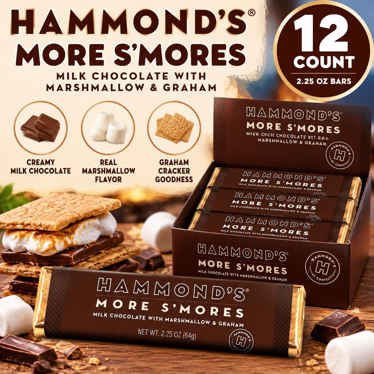 Hammonds Smores Marshmallow Milk Chocolate Bar 2.25 oz 12 Count Chocolate Candy Snack