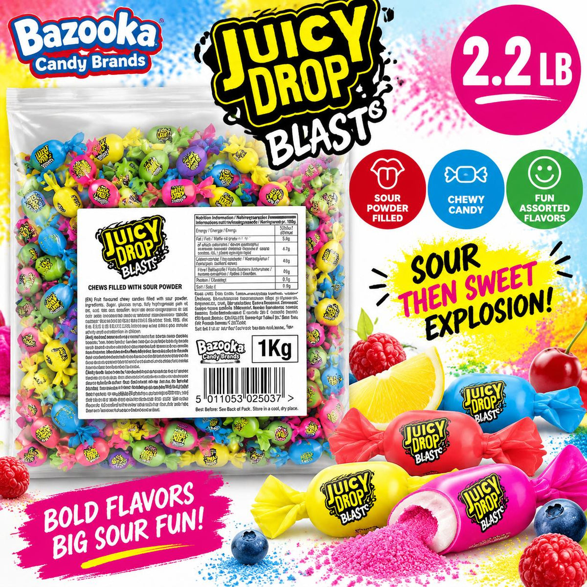 Bazooka UK Import Juicy Drop Blasts Sour Powder-Filled Chewy Candies, Tangy-Sweet Soft Sour Snacks, 2.2 lb Bulk Bag