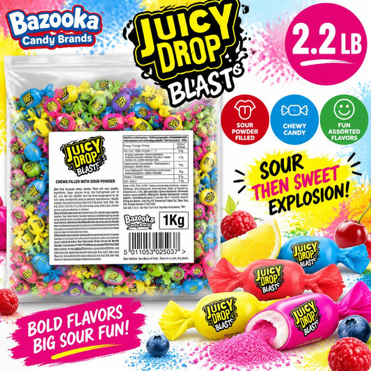 Bazooka UK Import Juicy Drop Blasts Sour Powder-Filled Chewy Candies, Tangy-Sweet Soft Sour Snacks, 2.2 lb Bulk Bag