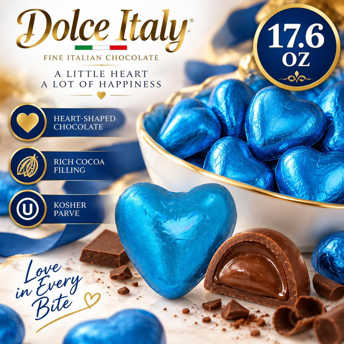 Dolce Italy Heart-Shape Chocolate, Blue Foil Wrapped, Cocoa-Filled Dessert Candies, 17.6 oz Kosher Parve Snack