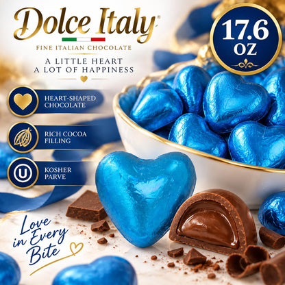 Dolce Italy Heart-Shape Chocolate, Blue Foil Wrapped, Cocoa-Filled Dessert Candies, 17.6 oz Kosher Parve Snack