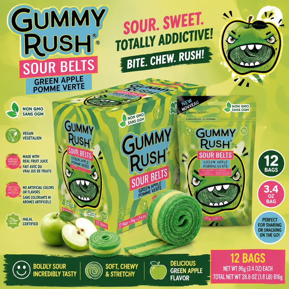 INFIN8 Gummy Rush Sour Green Flavor Soft Tangy Chewy Candy Belts, 3.4oz, 12-Count Candies for Party & Daily Snacking