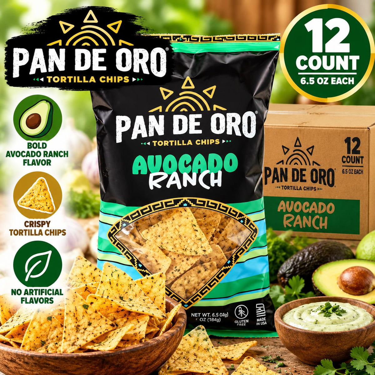 Pan De Oro Avocado Ranch Tortilla Chips 6.5 oz 12 Count Crunchy Snack Chips