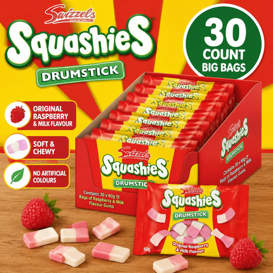 Swizzels UK Import Squashies Raspberry Drumstick Soft Chewy Candies, 30 Bags (60g Each), Sweet Food & Snacks