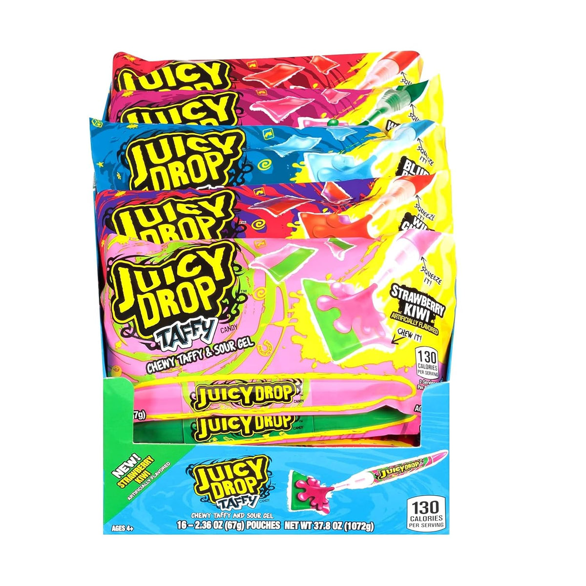Topps Juicy Drop Taffy with Sour Gel Pen, 2.36oz Individual Packs, 16-Count Chewy Interactive Candy Treats