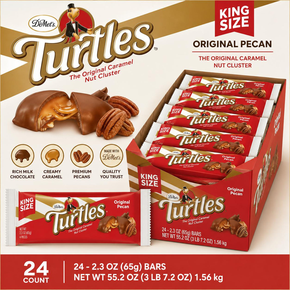 Demet Turtles Original Pecan Caramel Nut Cluster King Size Chocolate Bars, 2.3 oz Each, 24 Bars Count